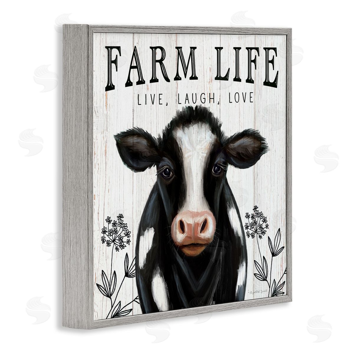 Elizabeth Tyndall Farm Life Dairy Cow Sign Wildflower Florals Gray Framed Glicee Wall Art Print