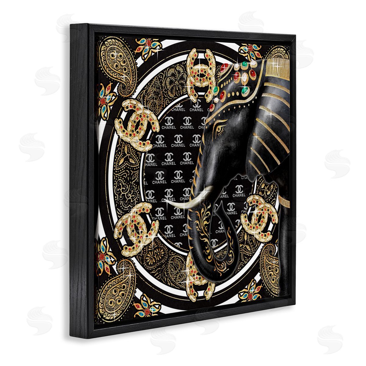 Ziwei Li Regal Elephant Safari Animal Glam Fashion Pattern Black Floating Frame Canvas Wall Art Print