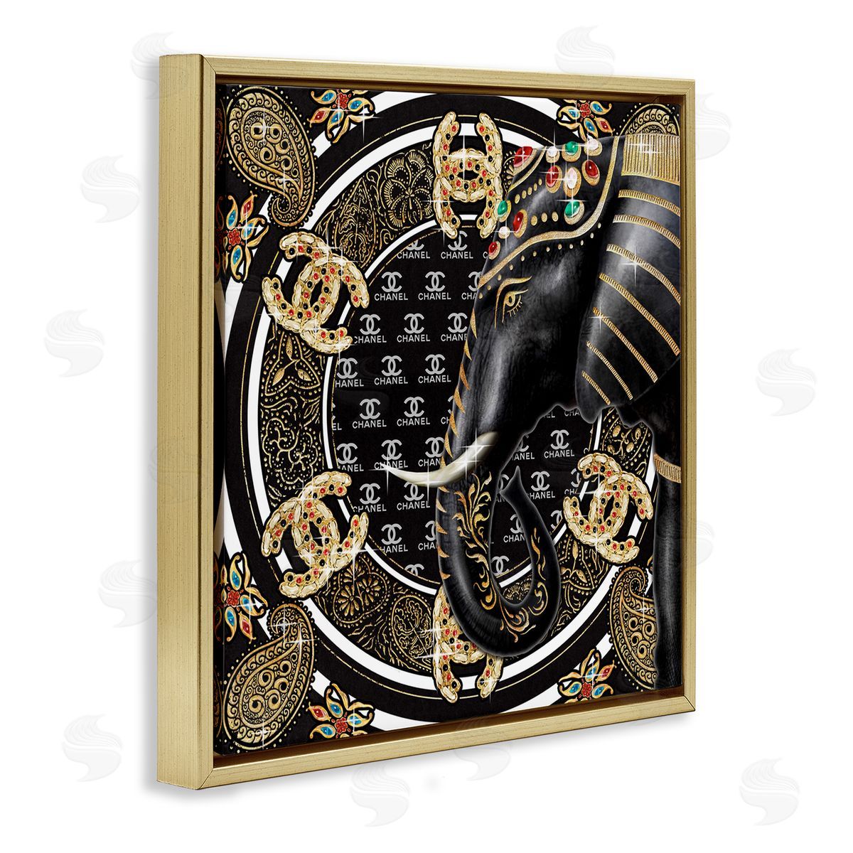 Ziwei Li Regal Elephant Safari Animal Glam Fashion Pattern Gold Floating Frame Canvas Wall Art Print