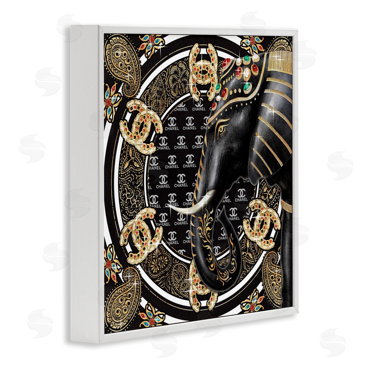 Ziwei Li Regal Elephant Safari Animal Glam Fashion Pattern White Framed Glicee Wall Art Print