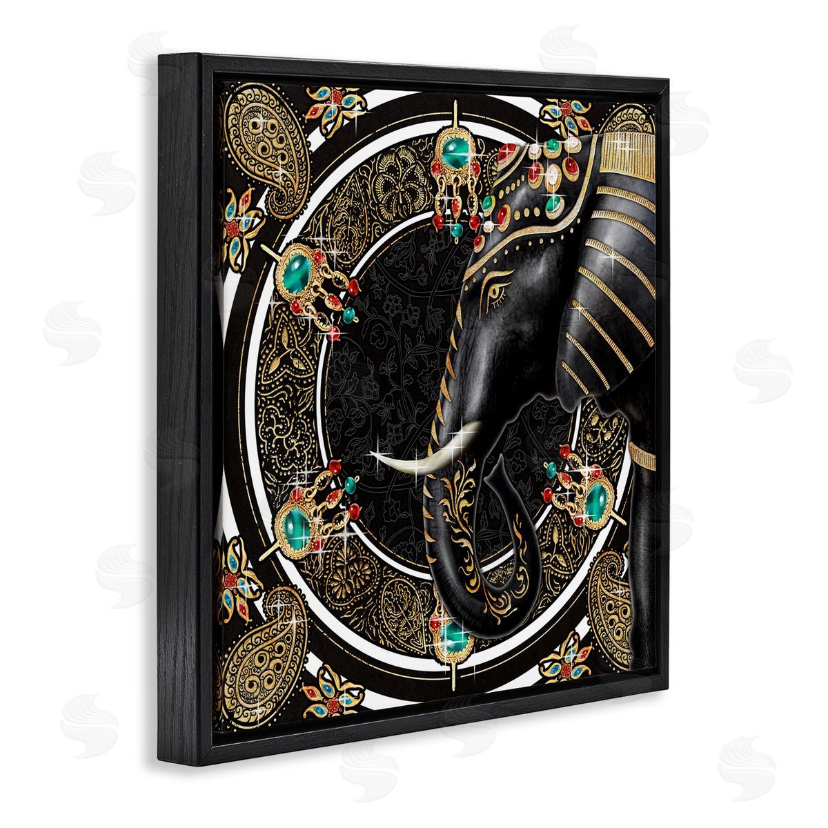 Ziwei Li Glam Elephant Regal Jewelry Paisley Pattern Black Floating Frame Canvas Wall Art Print