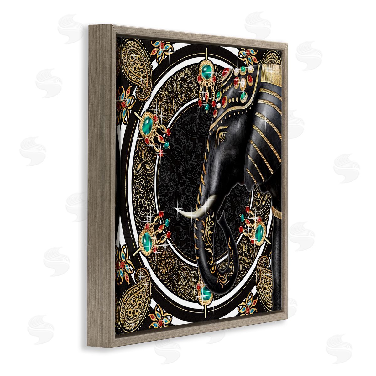 Ziwei Li Glam Elephant Regal Jewelry Paisley Pattern Brown Floating Frame Canvas Wall Art Print