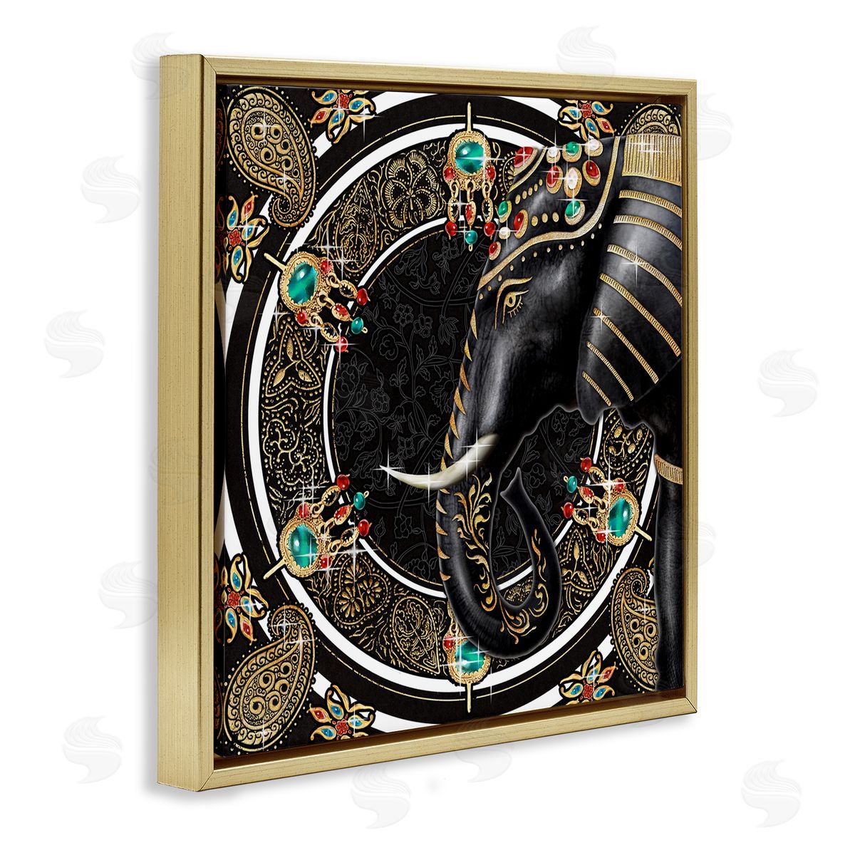 Ziwei Li Glam Elephant Regal Jewelry Paisley Pattern Gold Floating Frame Canvas Wall Art Print