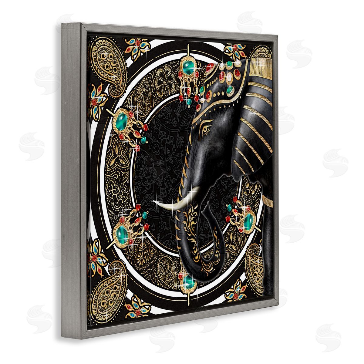 Ziwei Li Glam Elephant Regal Jewelry Paisley Pattern Gray Floating Frame Canvas Wall Art Print