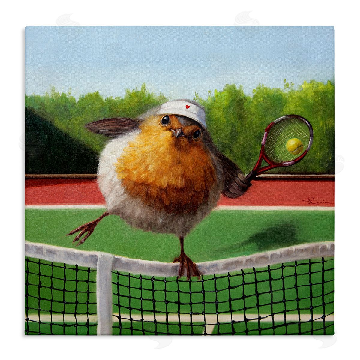 Lucia Heffernan European Robin Playing Tennis Clear Summer Sky Stretched Canvas Wall Art Print