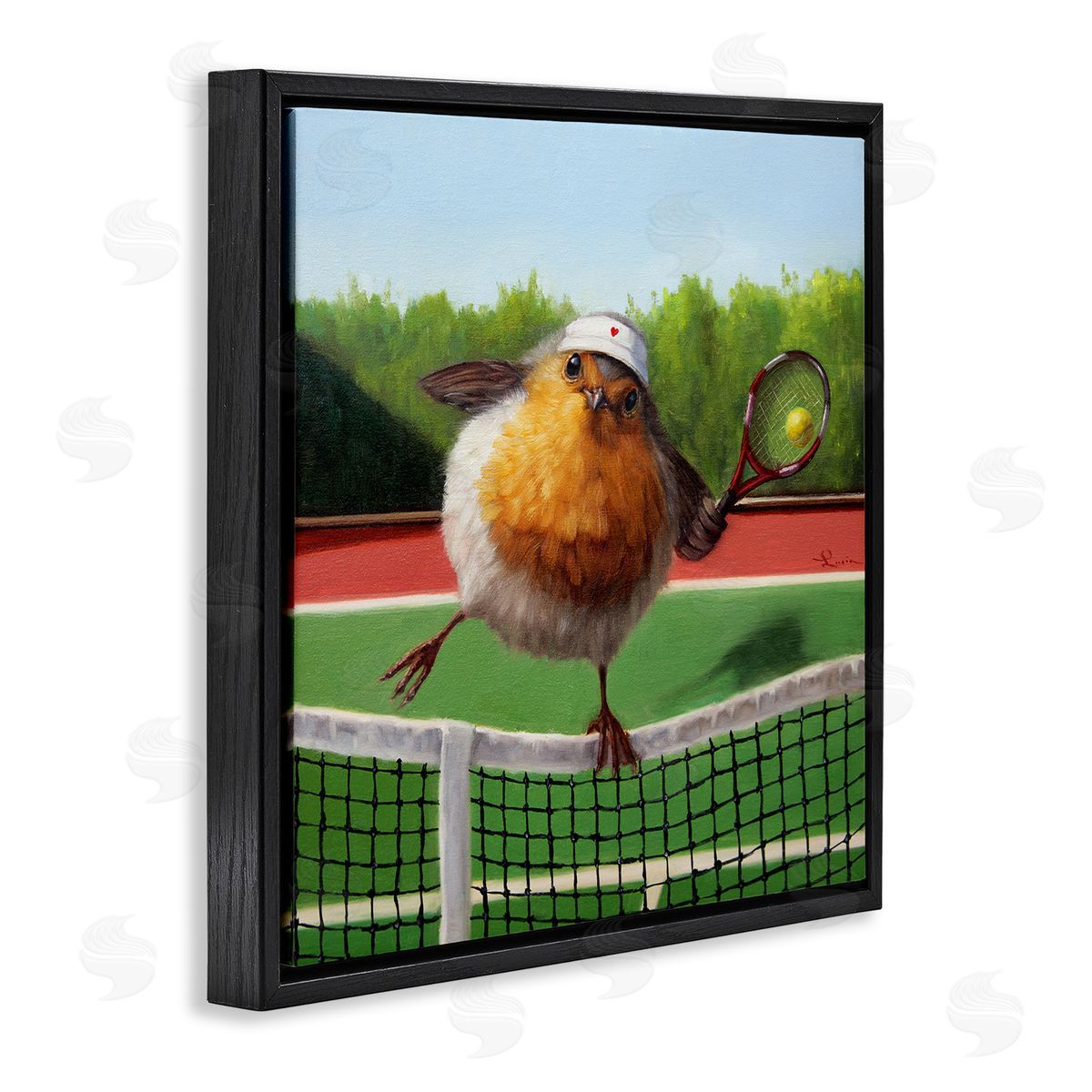 Lucia Heffernan European Robin Playing Tennis Clear Summer Sky Black Floating Frame Canvas Wall Art Print