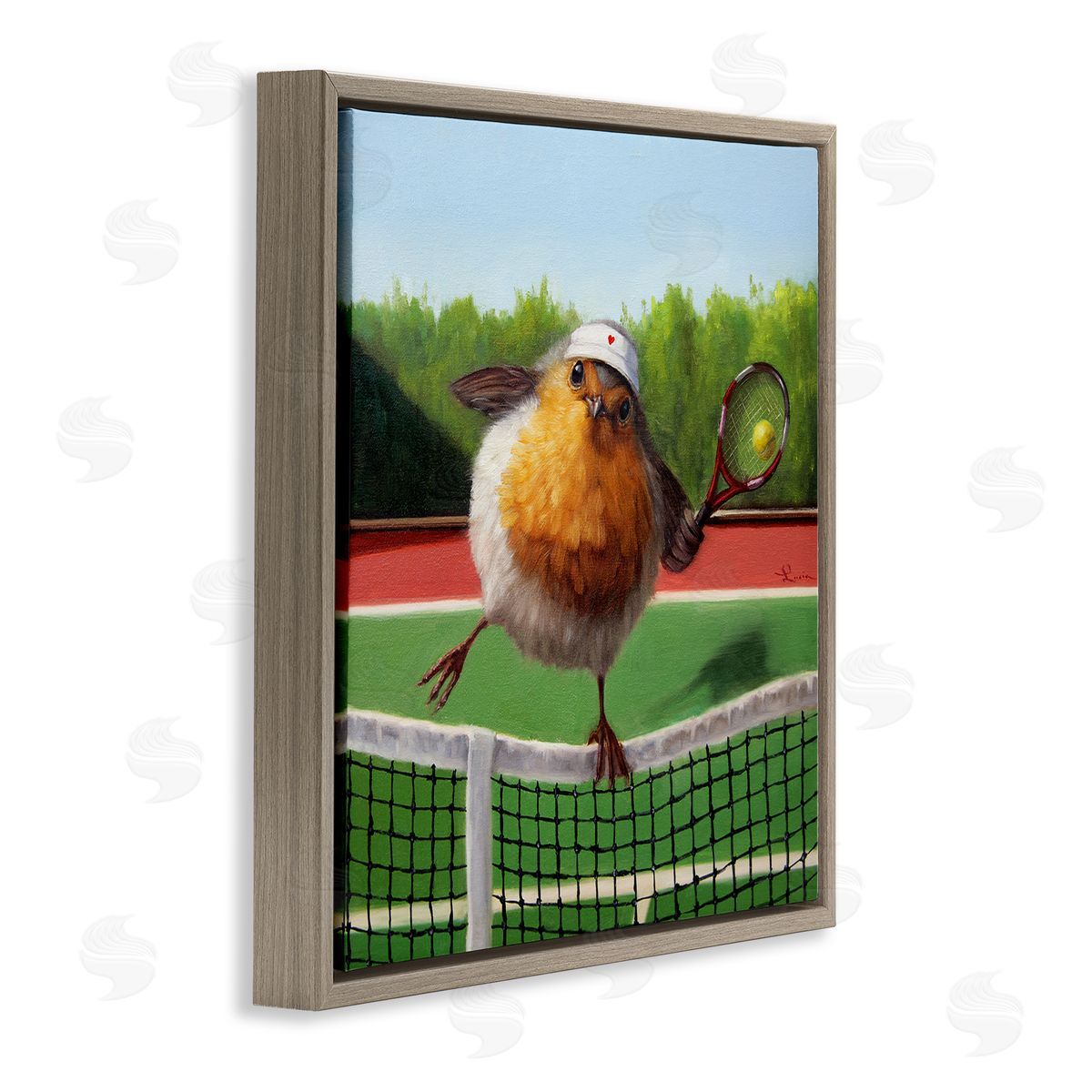 Lucia Heffernan European Robin Playing Tennis Clear Summer Sky Brown Floating Frame Canvas Wall Art Print