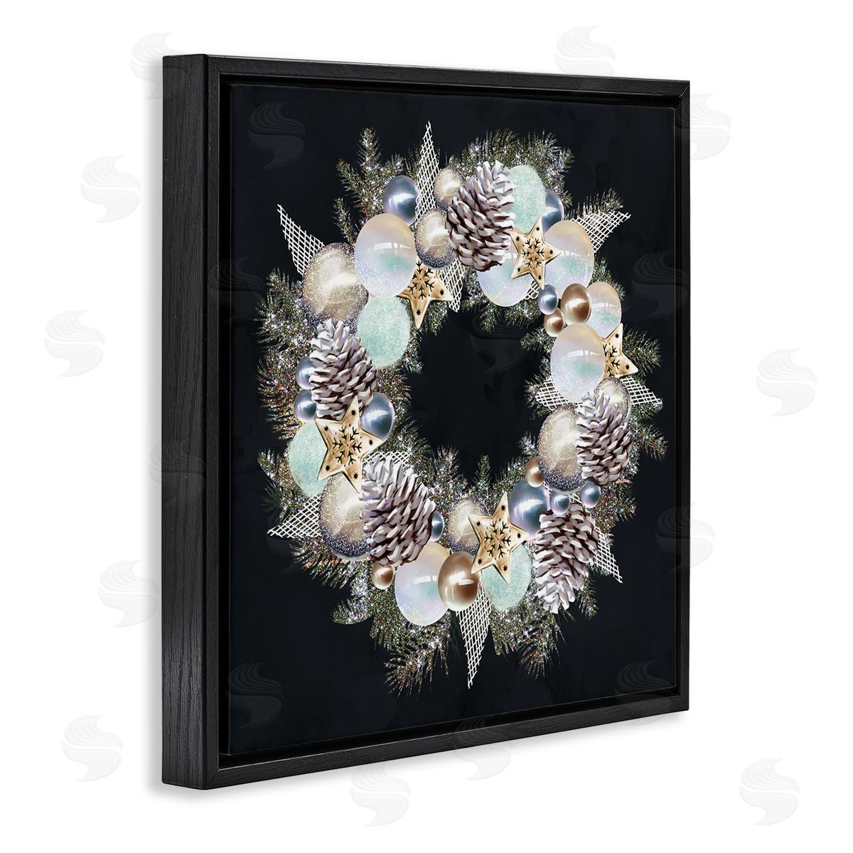 Ziwei Li Chic Winter Ornament Wreath Pinecone Glitz Black Floating Frame Canvas Wall Art Print