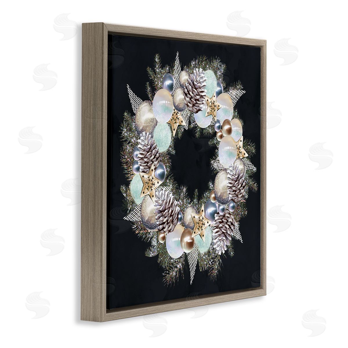 Ziwei Li Chic Winter Ornament Wreath Pinecone Glitz Brown Floating Frame Canvas Wall Art Print