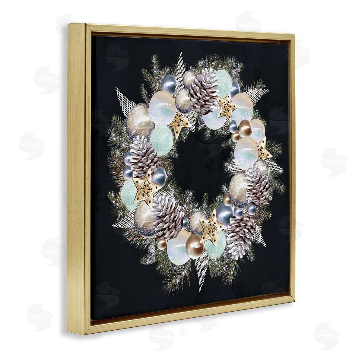 Ziwei Li Chic Winter Ornament Wreath Pinecone Glitz Gold Floating Frame Canvas Wall Art Print