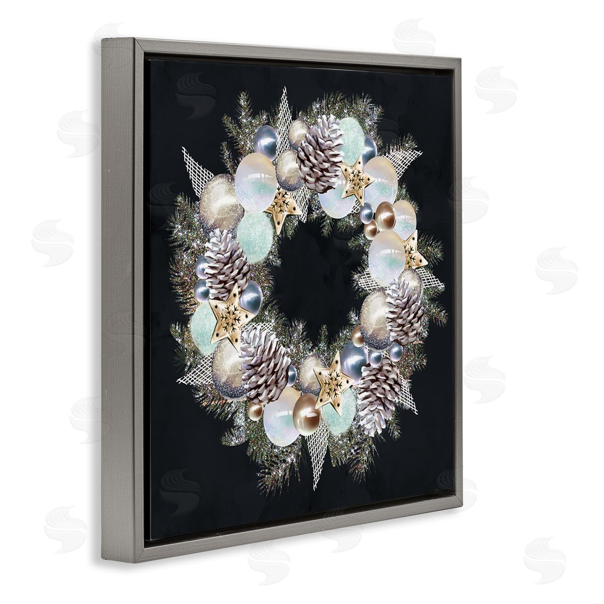 Ziwei Li Chic Winter Ornament Wreath Pinecone Glitz Gray Floating Frame Canvas Wall Art Print