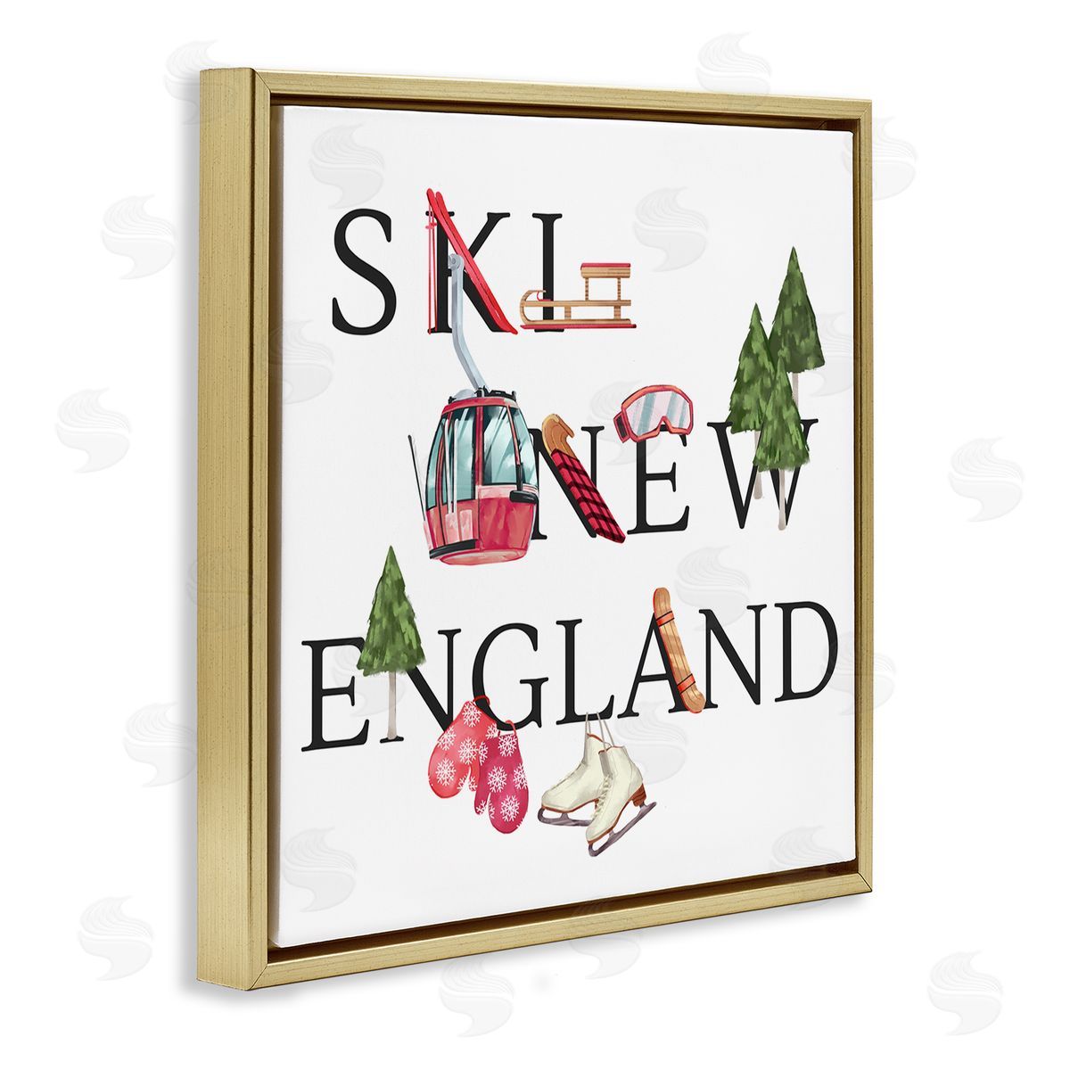 Ziwei Li New England Ski Winter Seasonal Mountain Sports Gold Floating Frame Canvas Wall Art Print