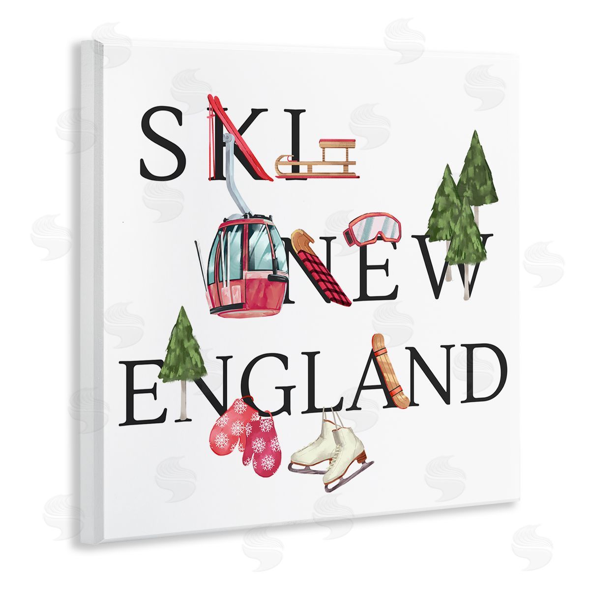 Ziwei Li New England Ski Winter Seasonal Mountain Sports Wooden Wall Plaque Art Print