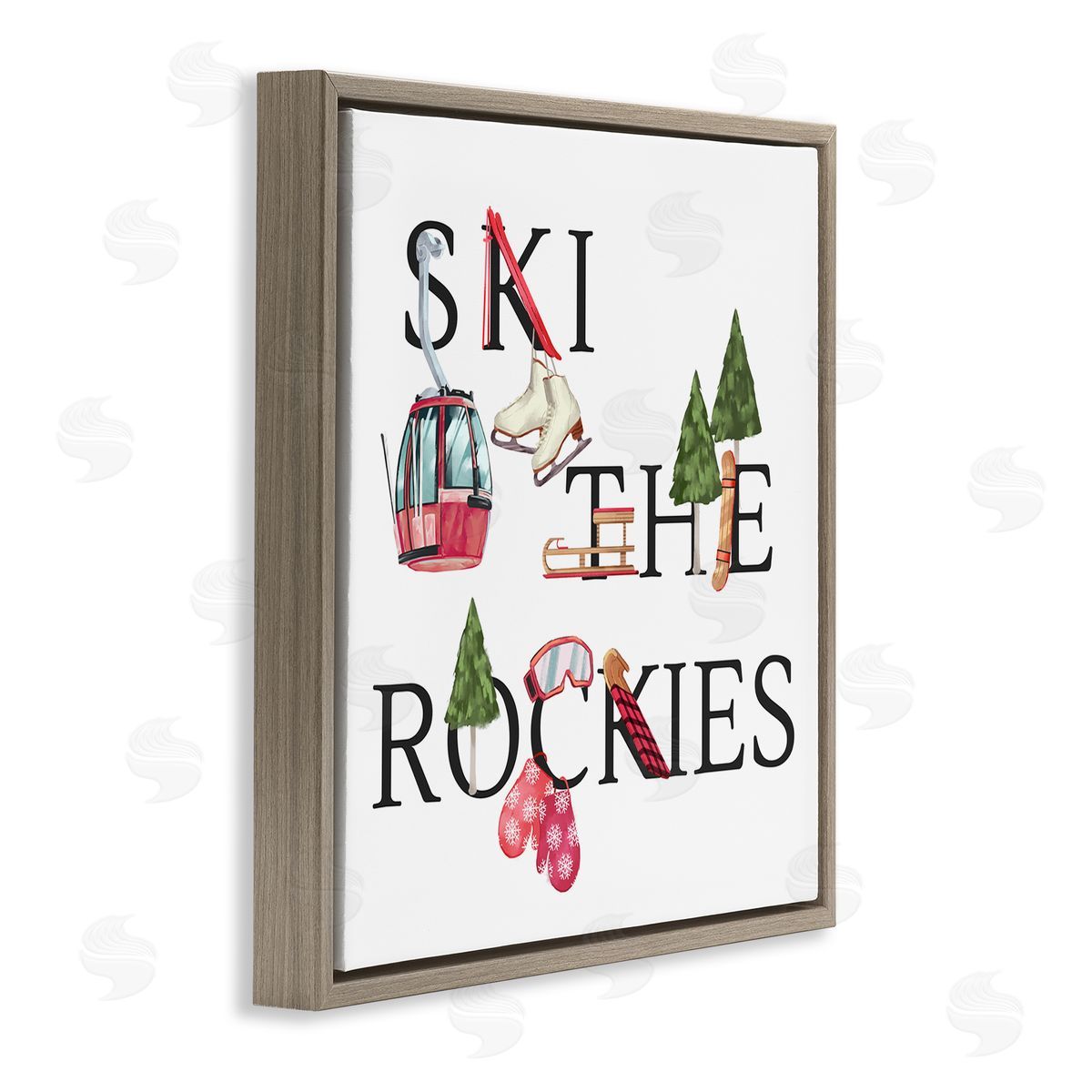 Ziwei Li Ski The Rockies Winter Seasonal Sports Phrase Brown Floating Frame Canvas Wall Art Print