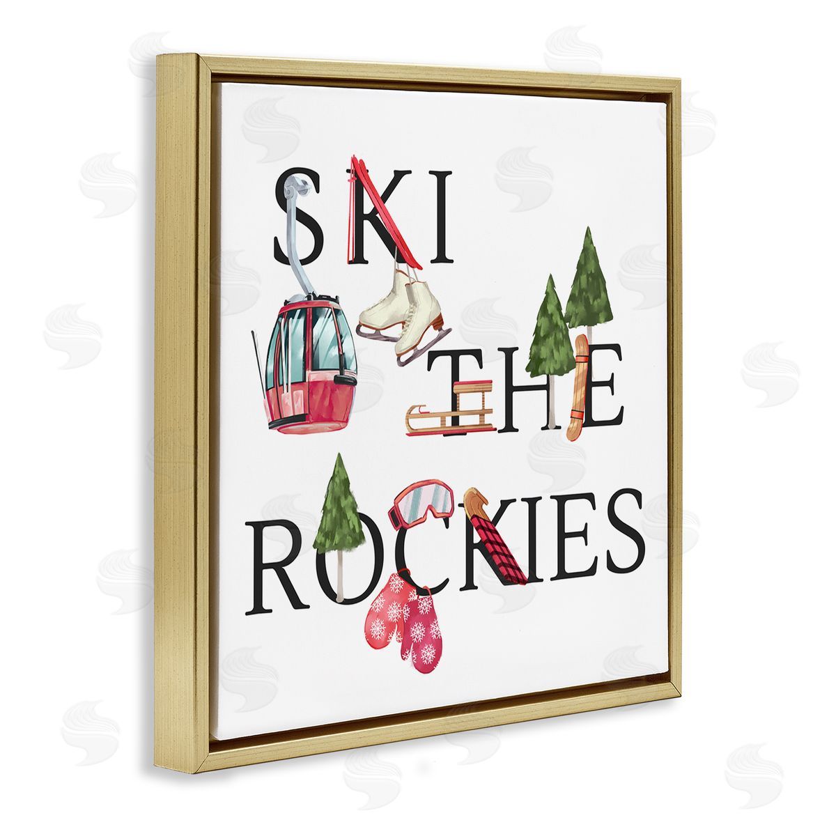 Ziwei Li Ski The Rockies Winter Seasonal Sports Phrase Gold Floating Frame Canvas Wall Art Print