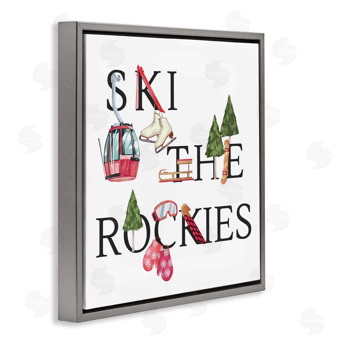 Ziwei Li Ski The Rockies Winter Seasonal Sports Phrase Gray Floating Frame Canvas Wall Art Print