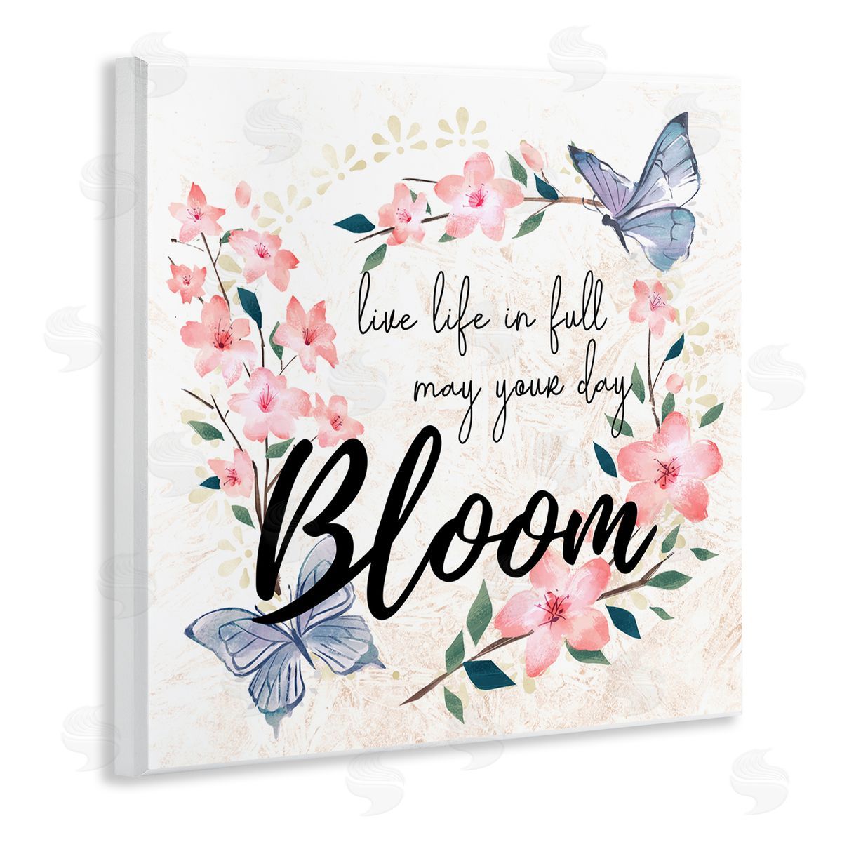 Ziwei Li May Your Day Bloom Quote Blue Butterflies Pink Blossoms Wooden Wall Plaque Art Print