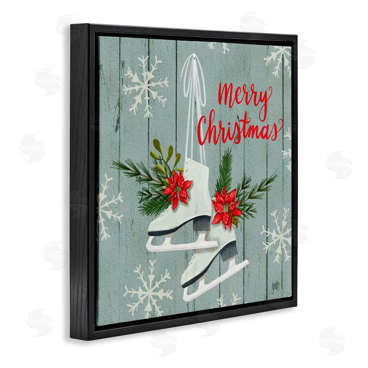 Jackie Quigley Red Poinsettia Ice Skating Shoes Merry Christmas Sentiment Black Floating Frame Canvas Wall Art Print