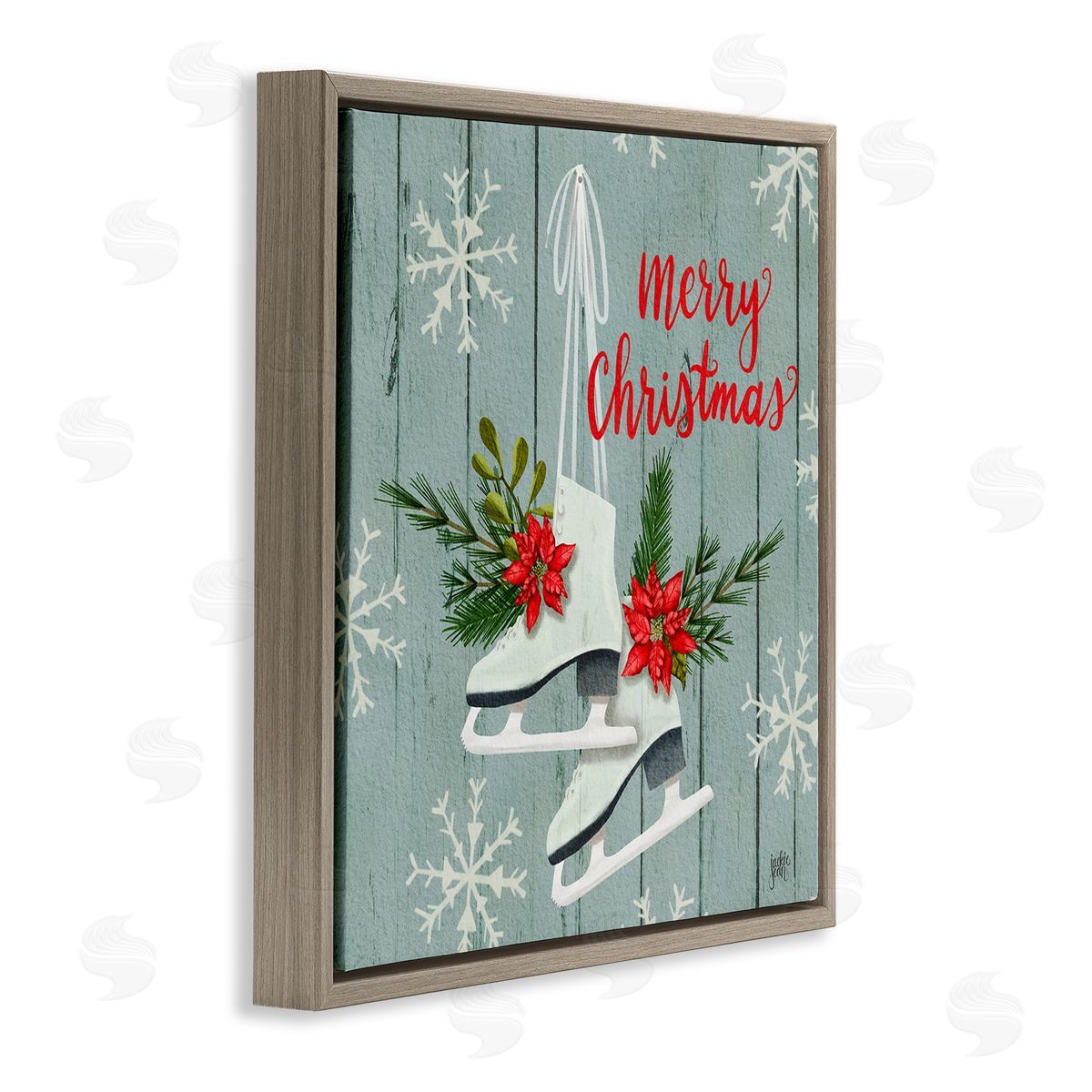 Jackie Quigley Red Poinsettia Ice Skating Shoes Merry Christmas Sentiment Brown Floating Frame Canvas Wall Art Print