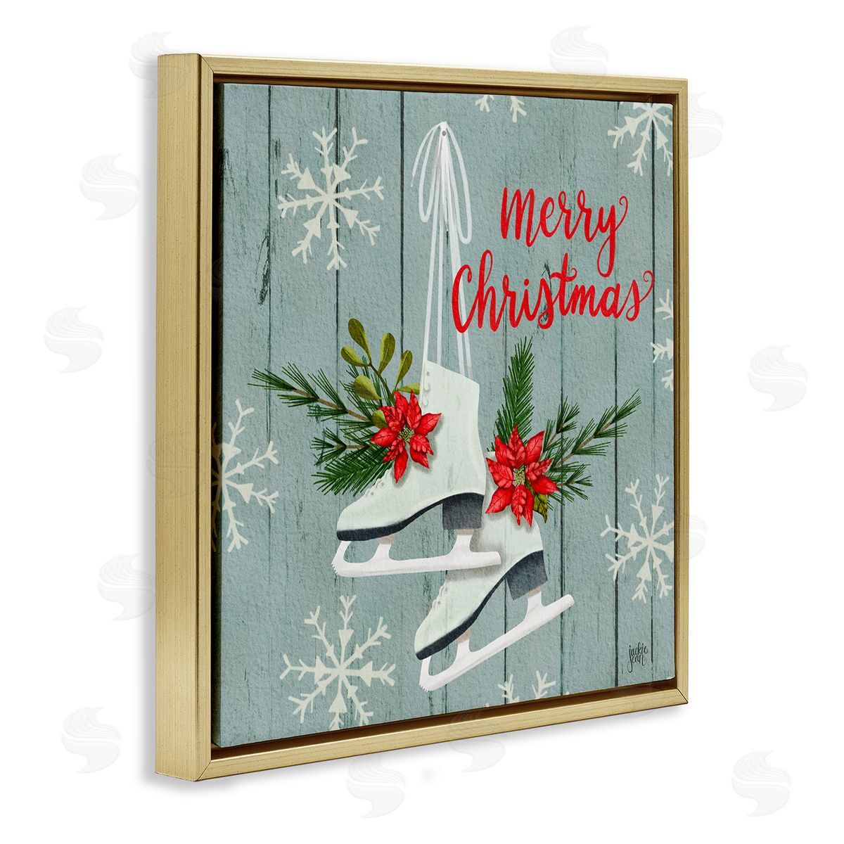 Jackie Quigley Red Poinsettia Ice Skating Shoes Merry Christmas Sentiment Gold Floating Frame Canvas Wall Art Print
