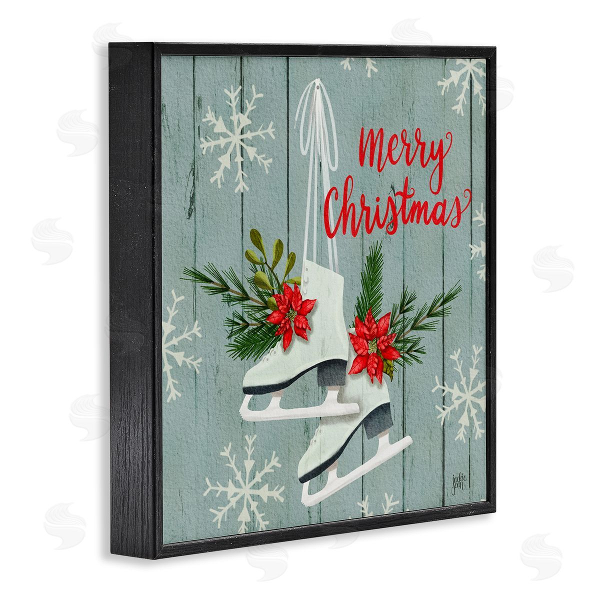 Jackie Quigley Red Poinsettia Ice Skating Shoes Merry Christmas Sentiment Black Framed Glicee Wall Art Print