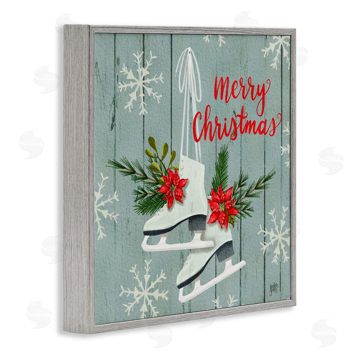 Jackie Quigley Red Poinsettia Ice Skating Shoes Merry Christmas Sentiment Gray Framed Glicee Wall Art Print