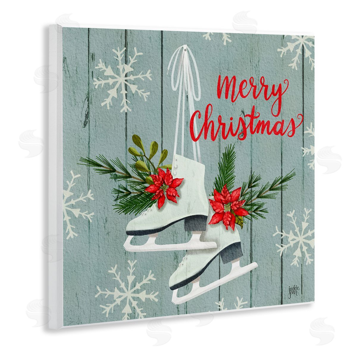 Jackie Quigley Red Poinsettia Ice Skating Shoes Merry Christmas Sentiment Wooden Wall Plaque Art Print