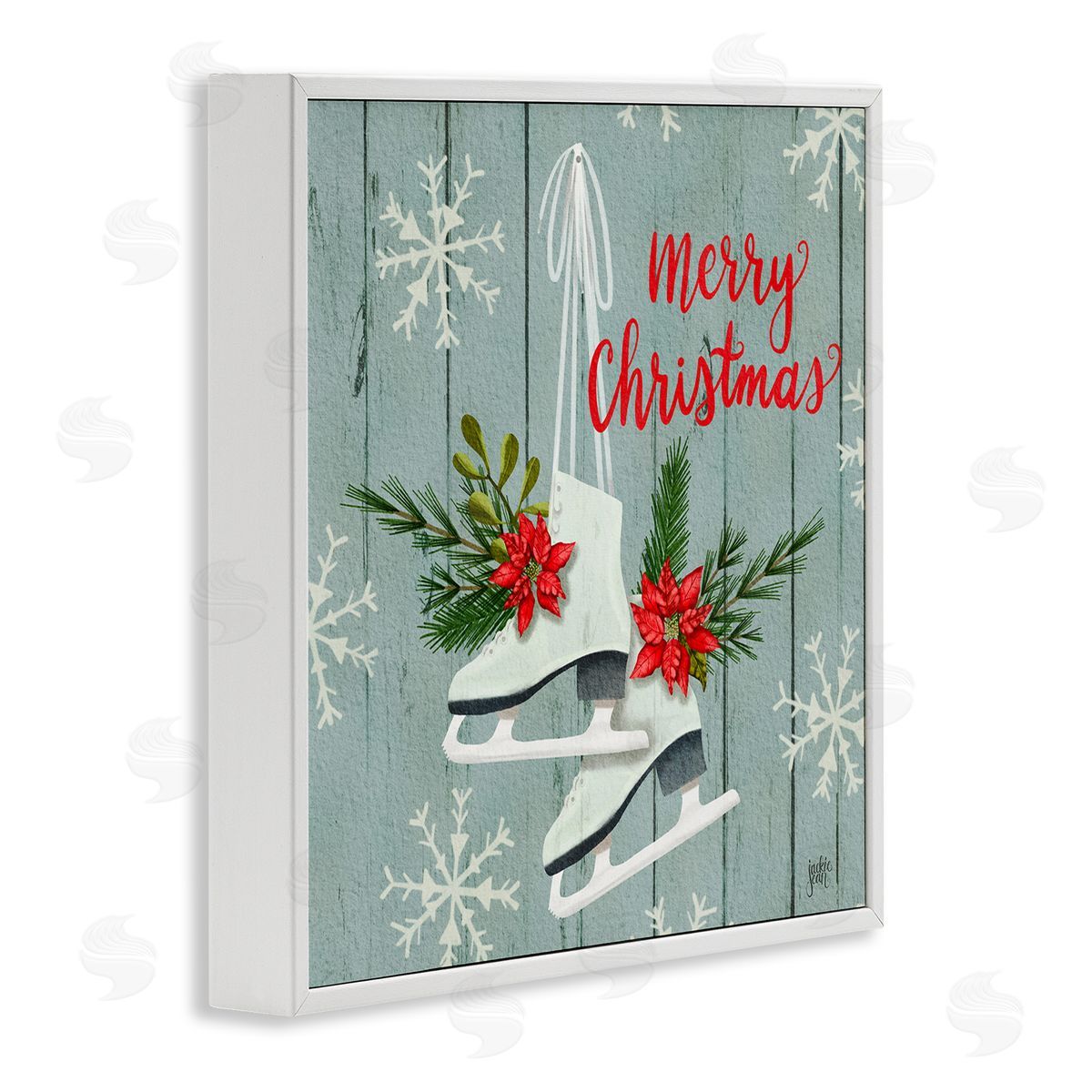 Jackie Quigley Red Poinsettia Ice Skating Shoes Merry Christmas Sentiment White Framed Glicee Wall Art Print