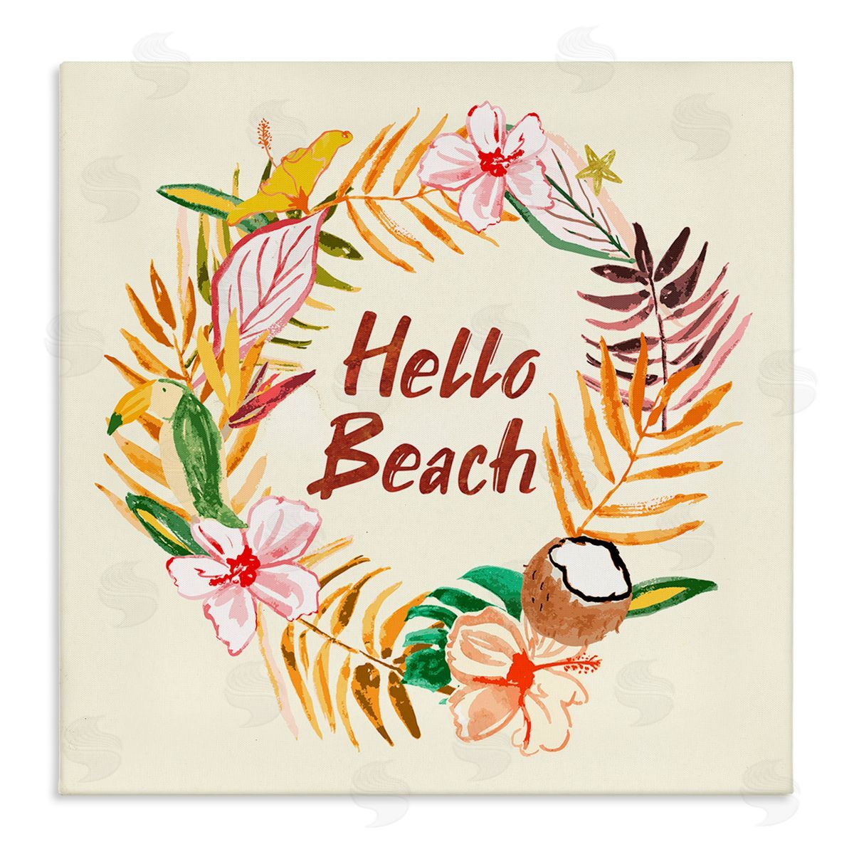 JunCo. Studio Hello Beach Greeting Warm Tropical Palm Wreath Stretched Canvas Wall Art Print
