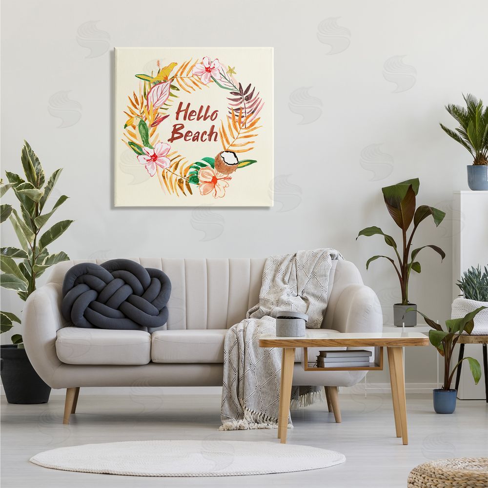 JunCo. Studio Hello Beach Greeting Warm Tropical Palm Wreath Canvas Wall Art in Room