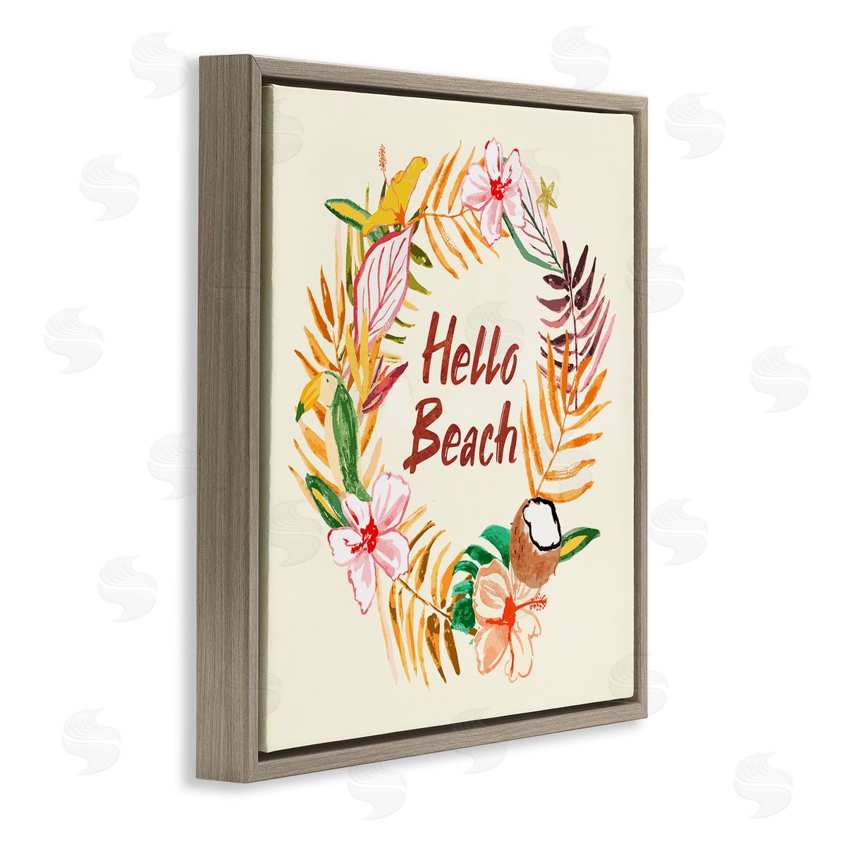 JunCo. Studio Hello Beach Greeting Warm Tropical Palm Wreath Brown Floating Frame Canvas Wall Art Print
