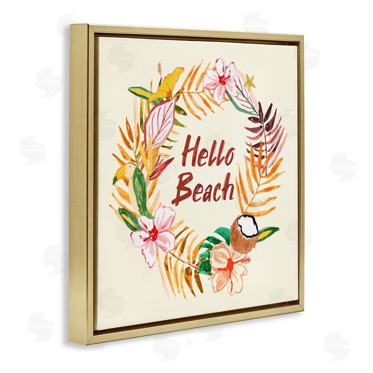 JunCo. Studio Hello Beach Greeting Warm Tropical Palm Wreath Gold Floating Frame Canvas Wall Art Print
