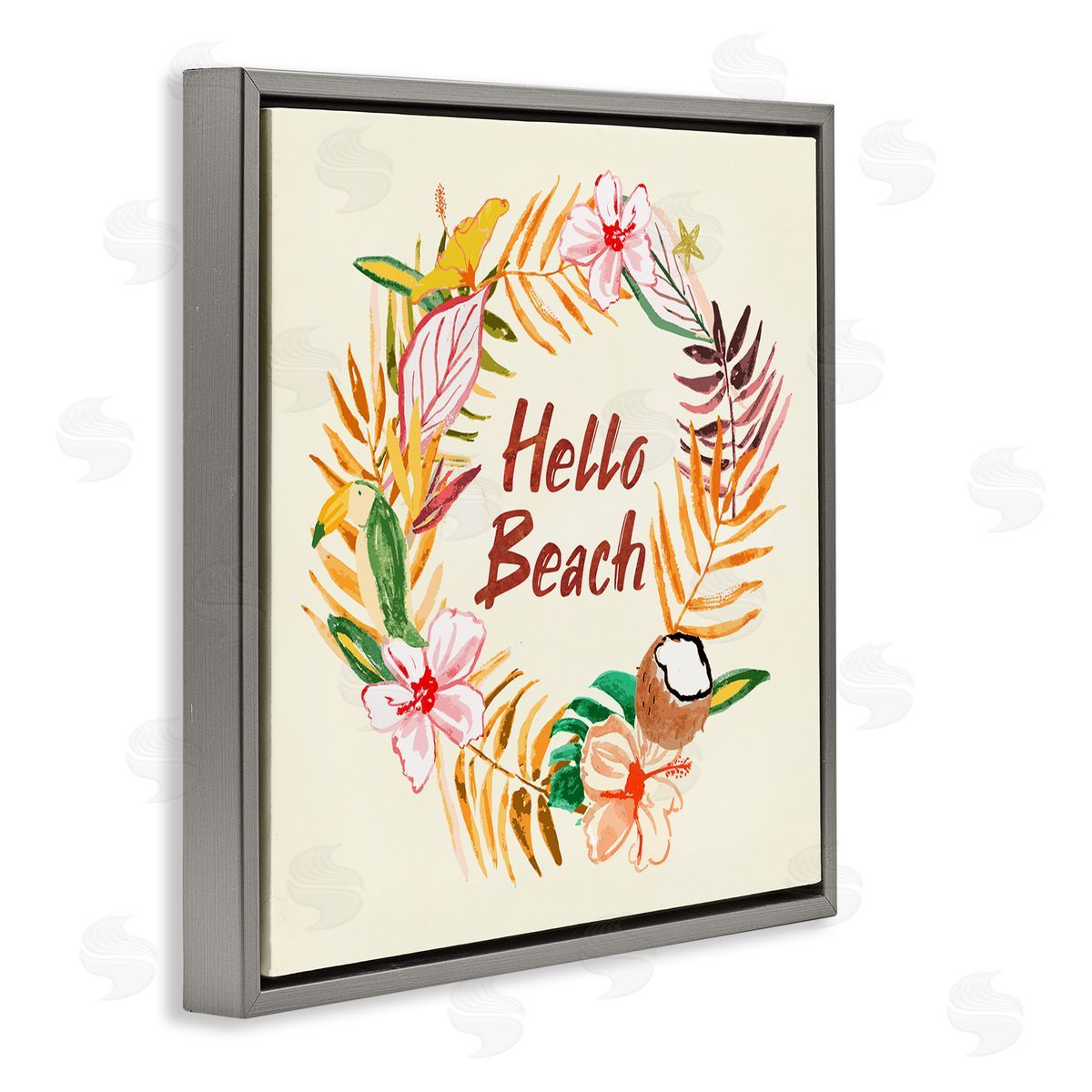 JunCo. Studio Hello Beach Greeting Warm Tropical Palm Wreath Gray Floating Frame Canvas Wall Art Print