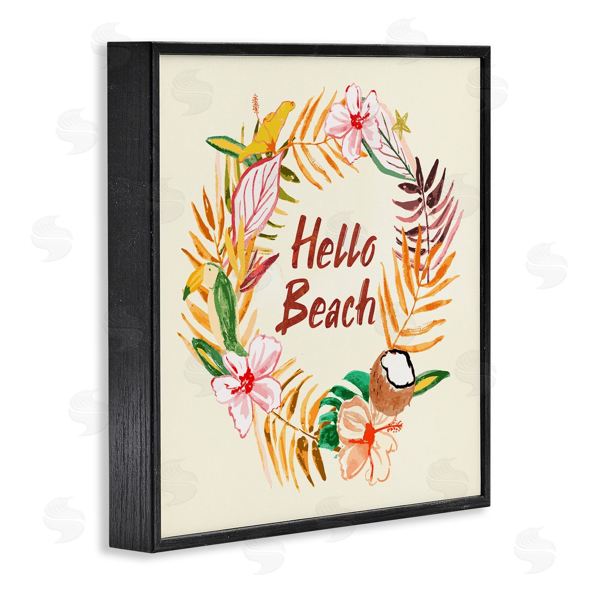 JunCo. Studio Hello Beach Greeting Warm Tropical Palm Wreath Black Framed Glicee Wall Art Print