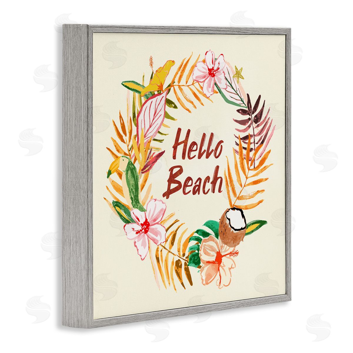 JunCo. Studio Hello Beach Greeting Warm Tropical Palm Wreath Gray Framed Glicee Wall Art Print