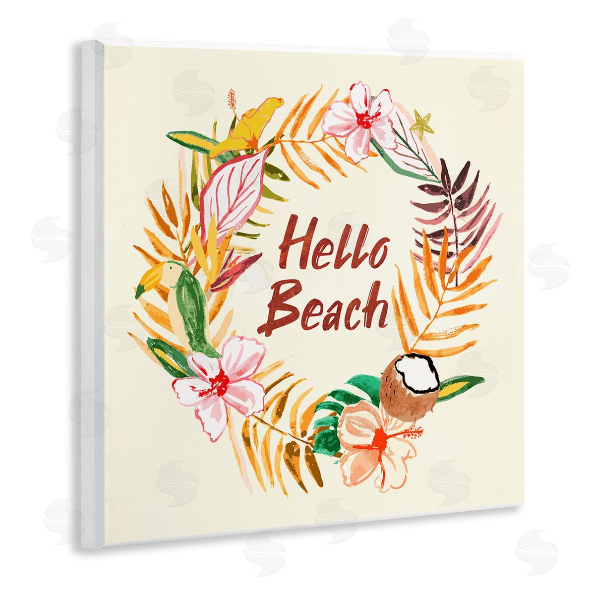 JunCo. Studio Hello Beach Greeting Warm Tropical Palm Wreath Wooden Wall Plaque Art Print
