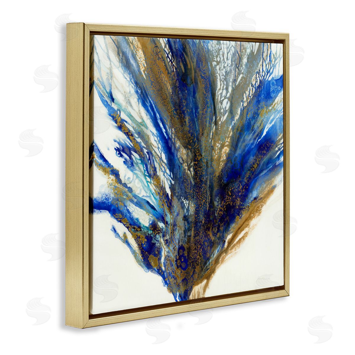 Liz Jardine Abstract Coral Burst Nautical Blue Brown Expression Gold Floating Frame Canvas Wall Art Print