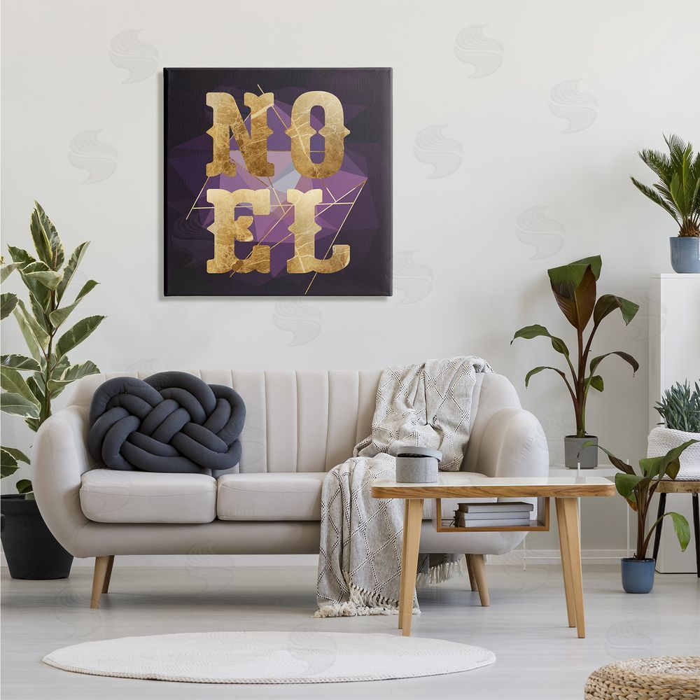 Stupell Studio Noel Typography Purple Geometric Shapes Glam Christmas Canvas Wall Art in Room