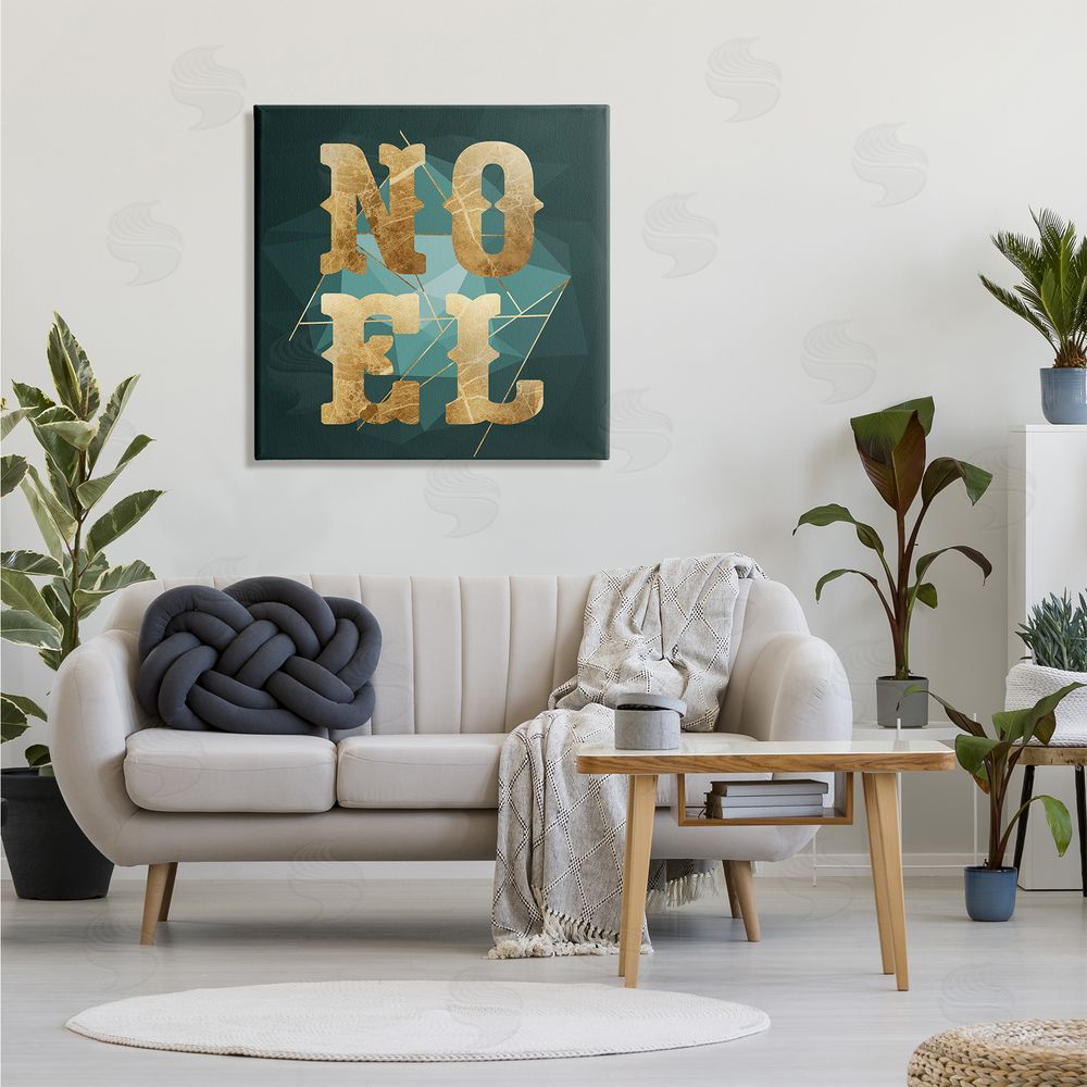 Stupell Studio Noel Glam Christmas Typography Green Geometric Shapes Canvas Wall Art in Room