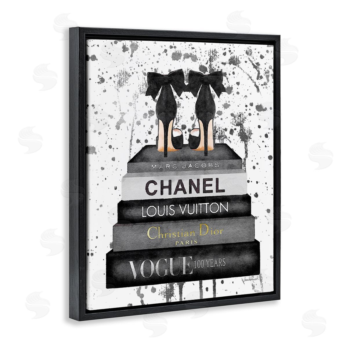 Glam Fashion Books & Heels Black Floating Frame Canvas Wall Art, Home Decor by Amanda Greenwood