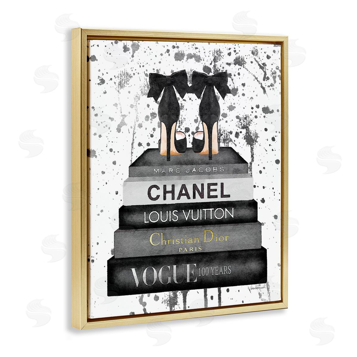 Glam Fashion Books & Heels Gold Floating Frame Canvas Wall Art, Home Decor by Amanda Greenwood