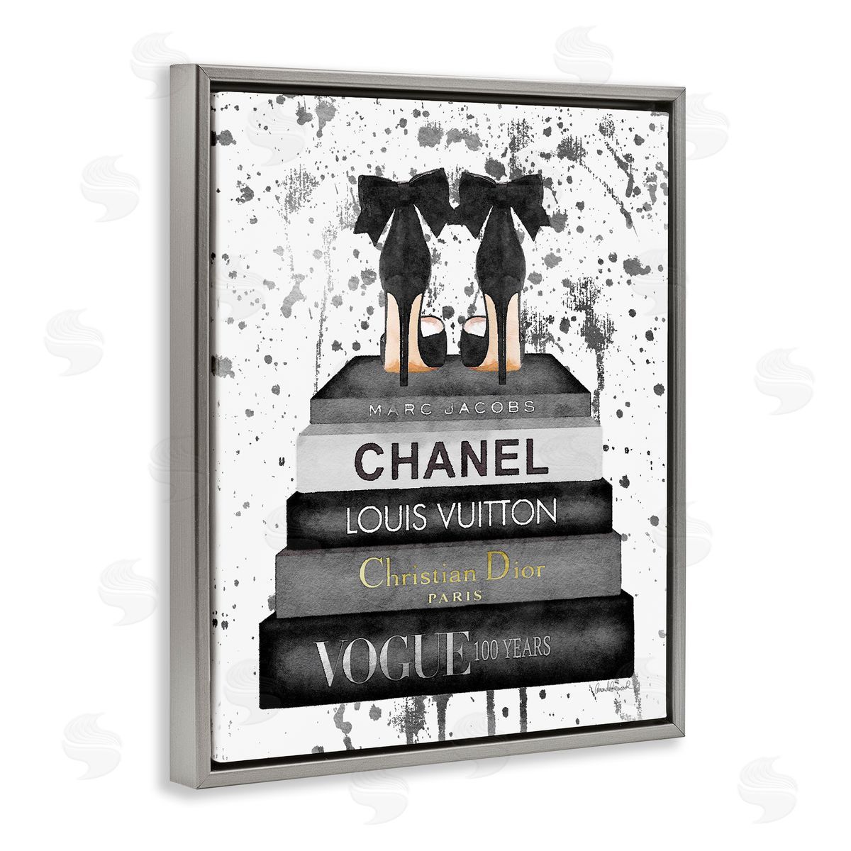 Glam Fashion Books & Heels Grey Floating Frame Canvas Wall Art, Home Decor by Amanda Greenwood