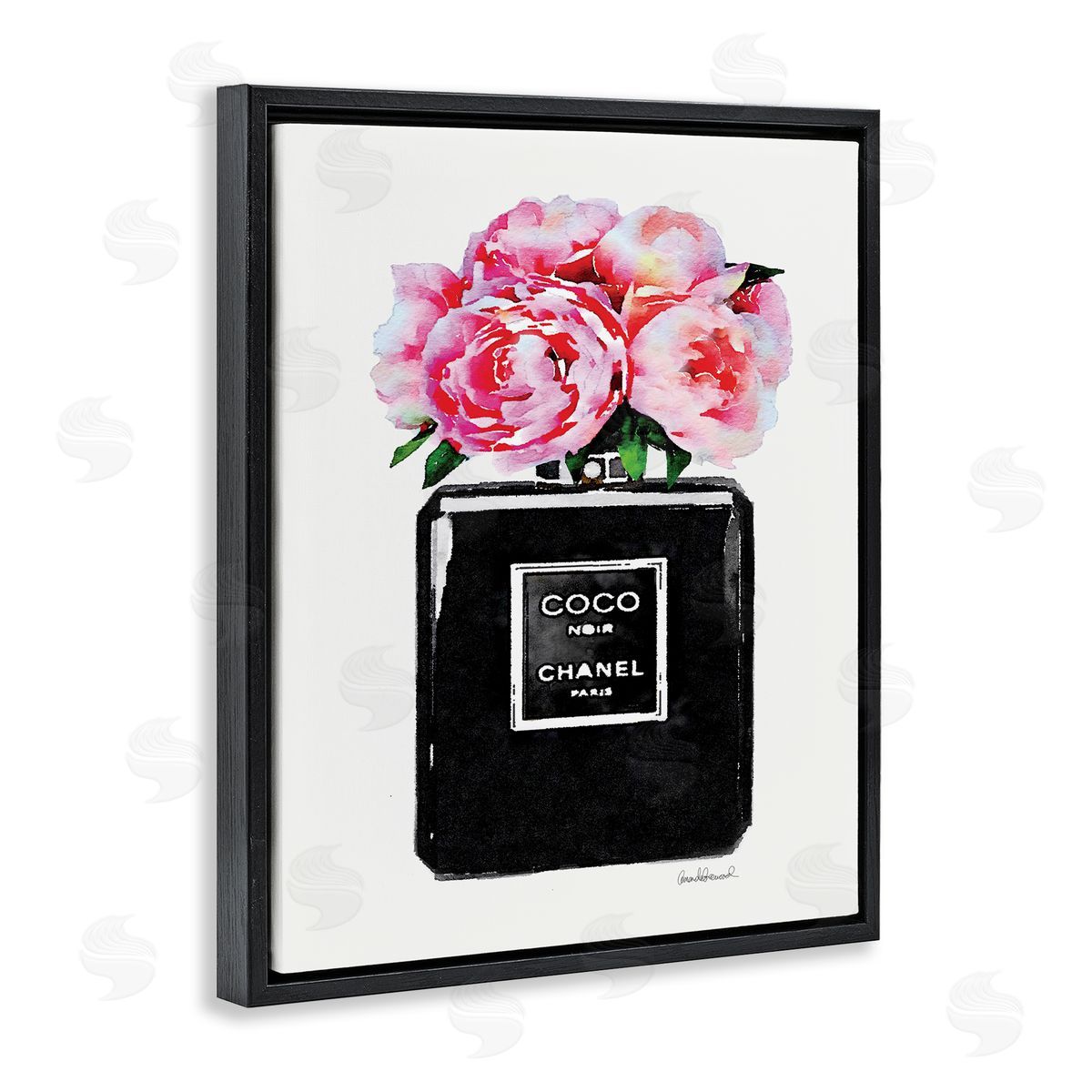 Glam Perfume Bottle Flowers Black Floating Frame Canvas Wall Art, Home Decor by Amanda Greenwood