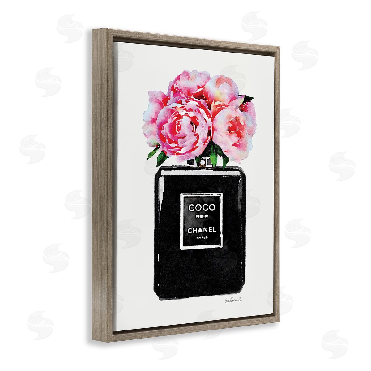 Glam Perfume Bottle Flowers Brown Floating Frame Canvas Wall Art, Home Decor by Amanda Greenwood