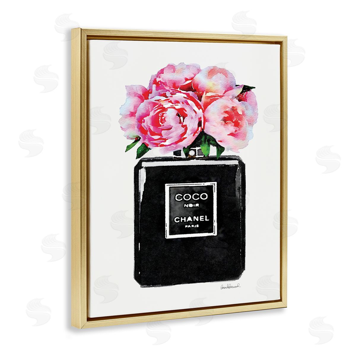 Glam Perfume Bottle Flowers Gold Floating Frame Canvas Wall Art, Home Decor by Amanda Greenwood