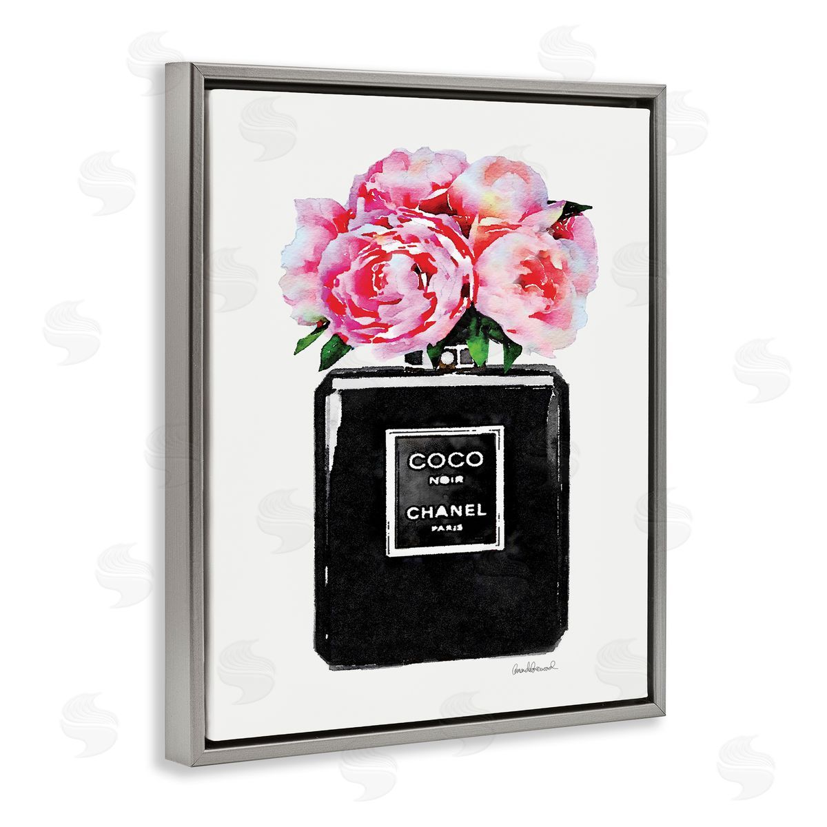 Glam Perfume Bottle Flowers Grey Floating Frame Canvas Wall Art, Home Decor by Amanda Greenwood