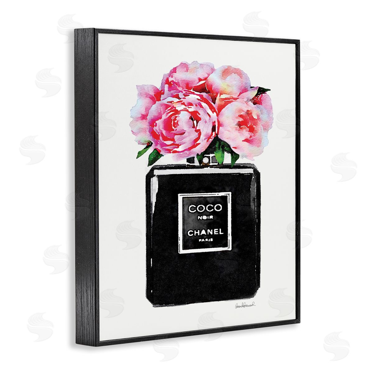 Glam Perfume Bottle Flowers Black Frame Print Wall Art, Home Decor by Amanda Greenwood