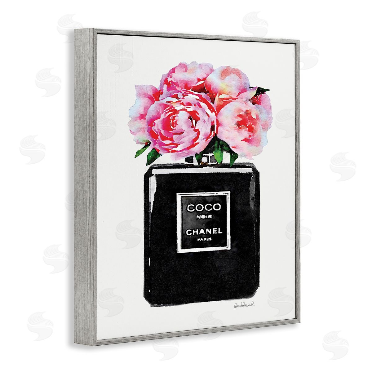 Glam Perfume Bottle Flowers Grey Frame Print Wall Art, Home Decor by Amanda Greenwood
