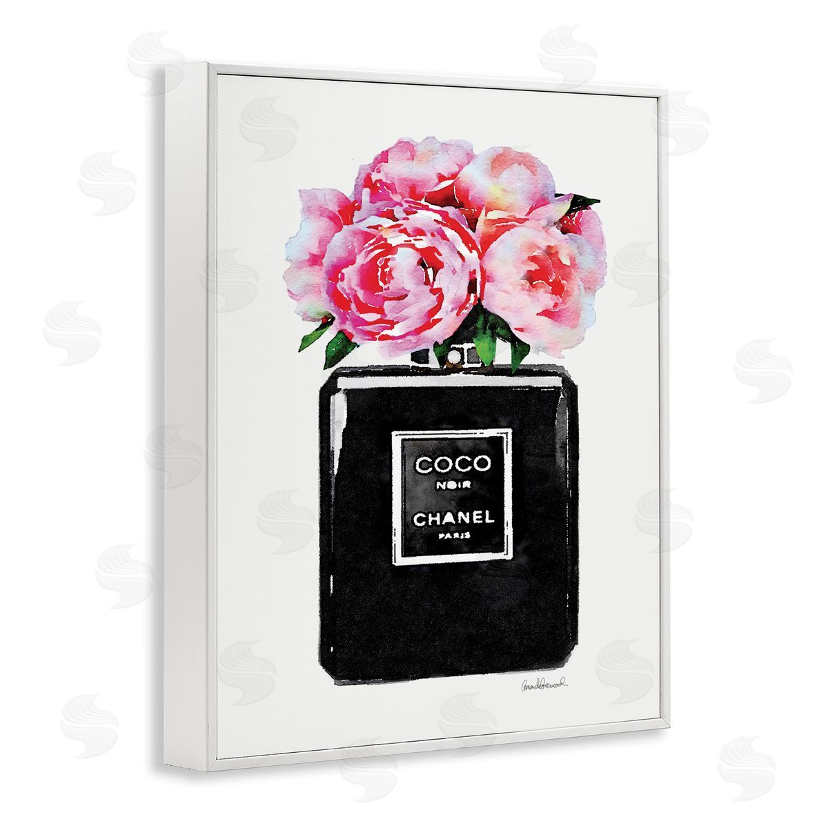 Glam Perfume Bottle Flowers White Frame Print Wall Art, Home Decor by Amanda Greenwood