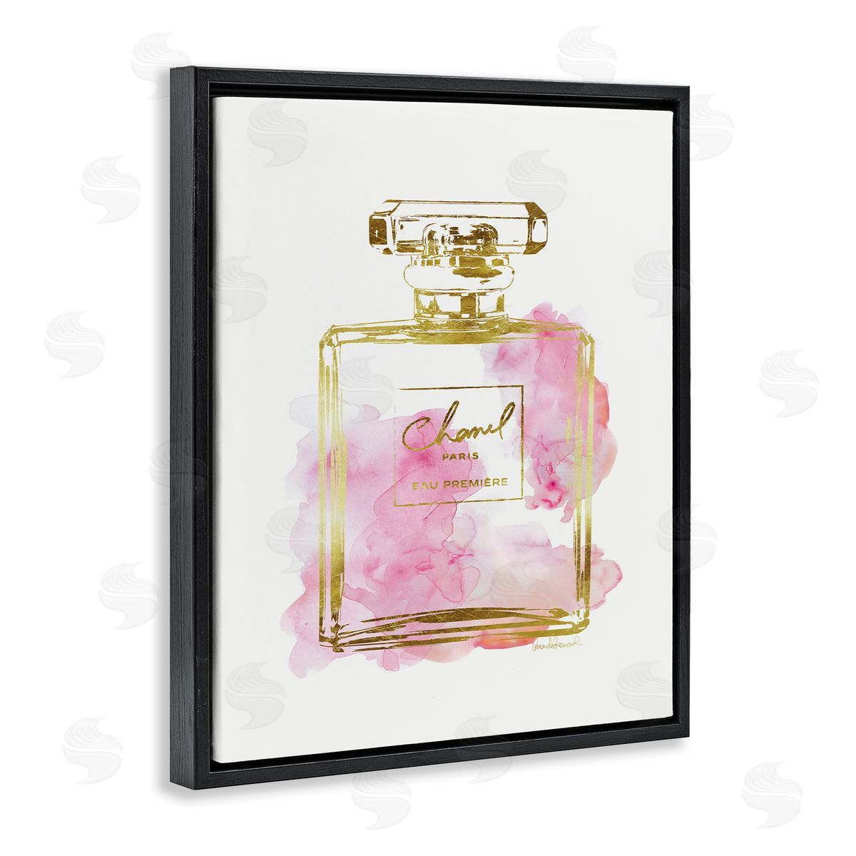 Glam Perfume Bottle Gold Pink Black Floating Frame Canvas Wall Art, Home Decor by Amanda Greenwood